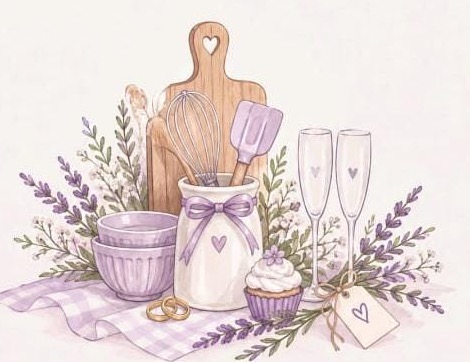 Ilustração de utensílios de cozinha com lavandas